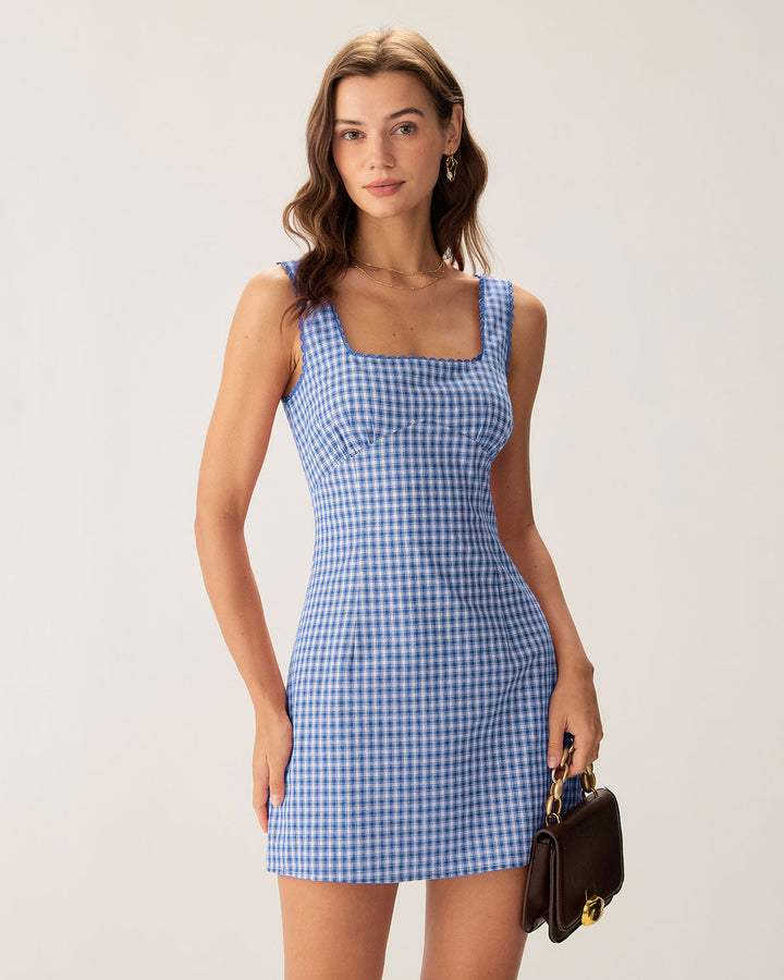 Morgan and Brooke | Plaid Square Neck Mini Dress for Women in Blue