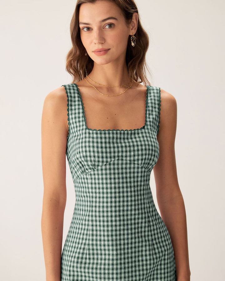 Morgan and Brooke | Green Plaid Square Neck Mini Dress