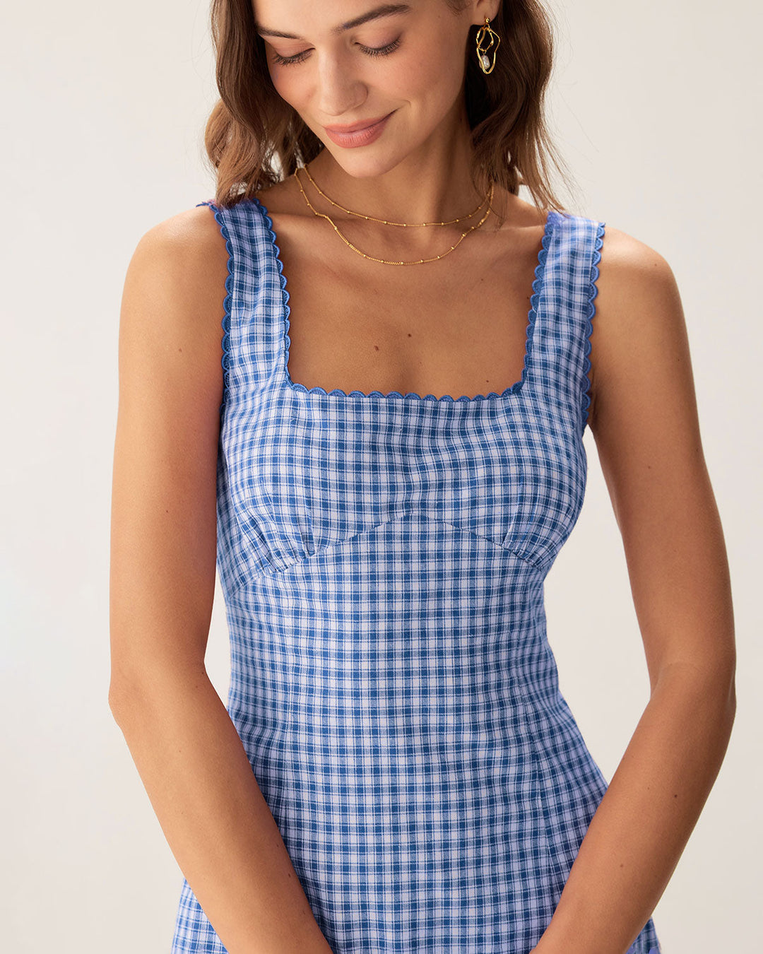 Morgan and Brooke | Plaid Square Neck Mini Dress for Women in Blue