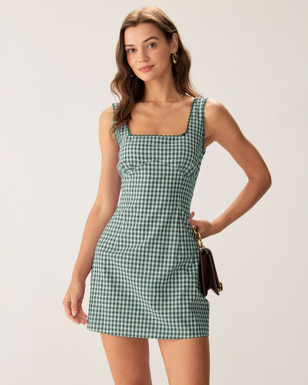 Morgan and Brooke | Green Plaid Square Neck Mini Dress