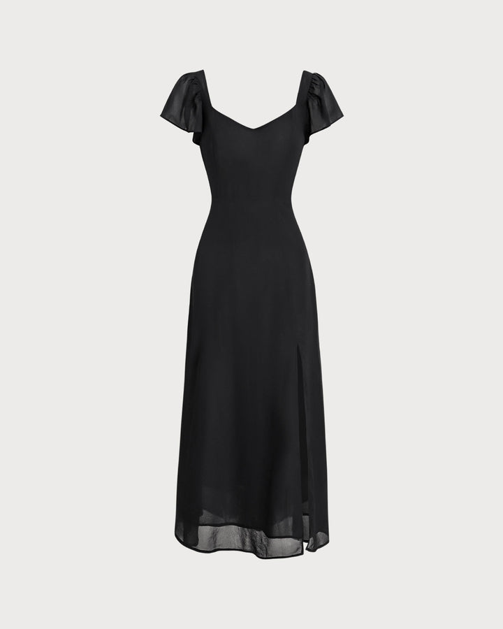 Morgan and Brooke | Chiffon Maxi Dress for Women in Black with Sweetheart Neckline