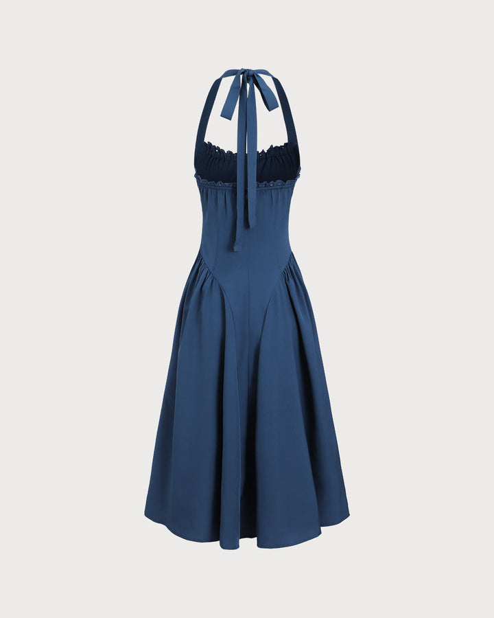 Morgan and Brooke | Navy Ruched Halter Midi Dress
