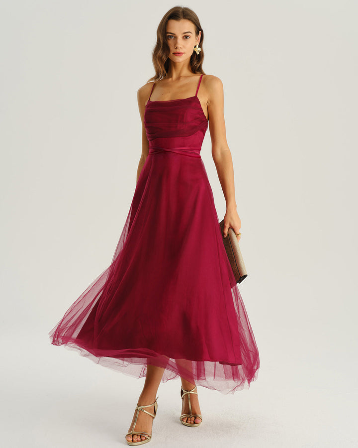 Morgan and Brooke | Wine Red Mesh Midi Dress