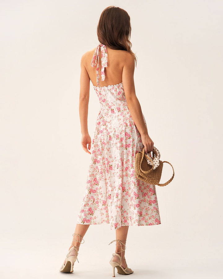 Morgan and Brooke | Floral Halter Midi Dress in Pink