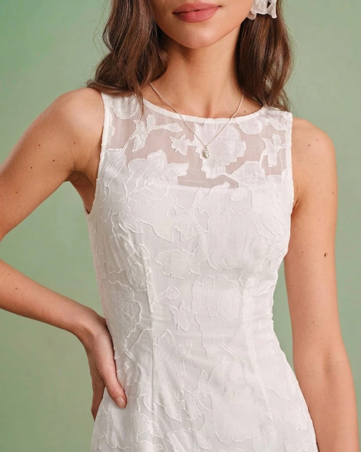 Morgan and Brooke | Lace Boat Neck Midi Dress in White
