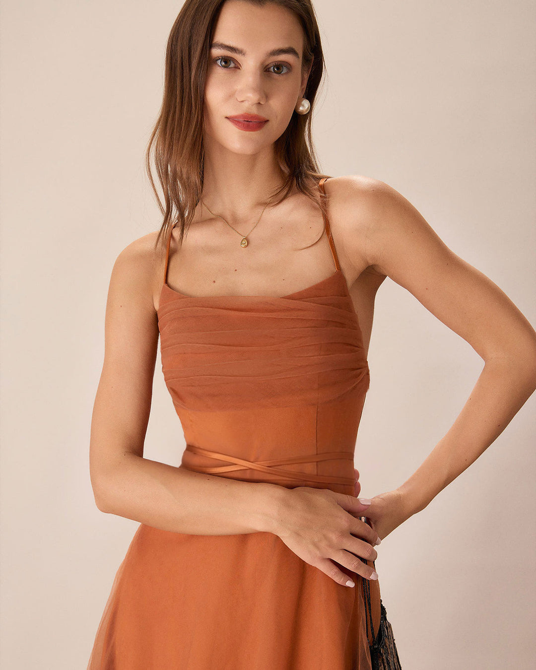Morgan and Brooke | Mesh Flowy Slip Midi Dress in Caramel