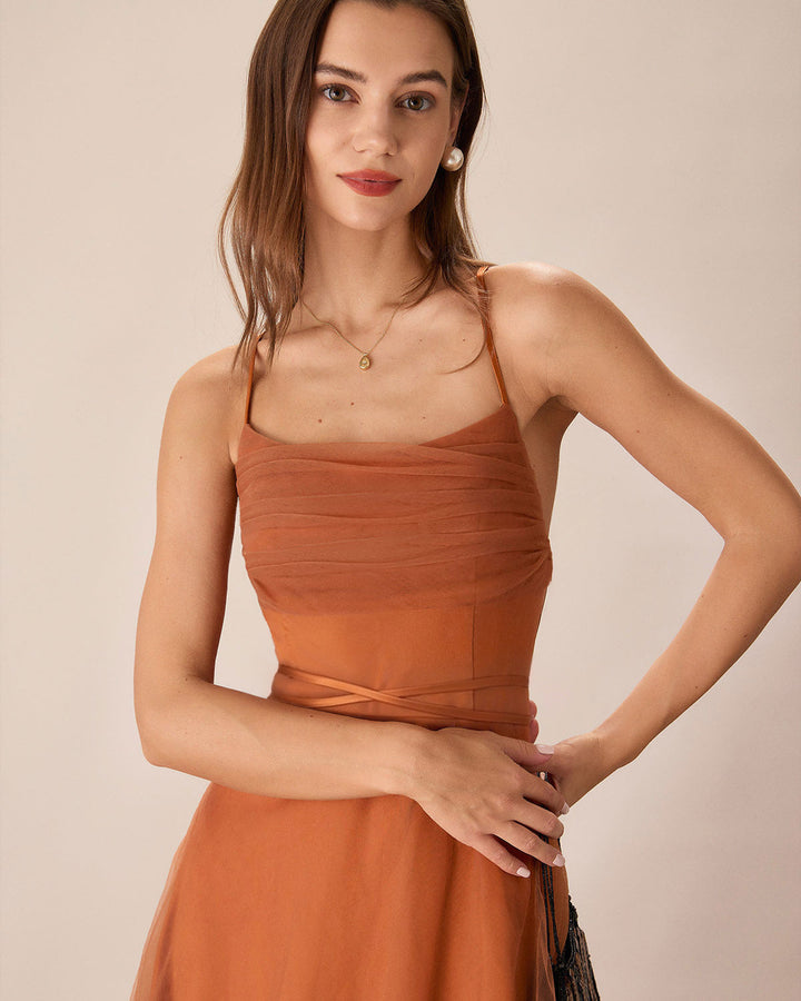 Morgan and Brooke | Mesh Flowy Slip Midi Dress in Caramel