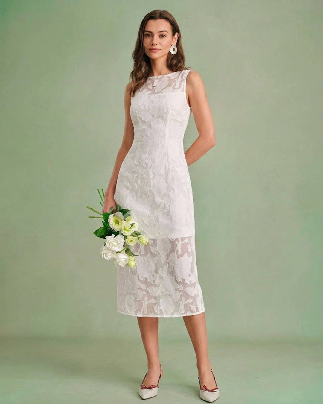 Morgan and Brooke | Lace Boat Neck Midi Dress in White