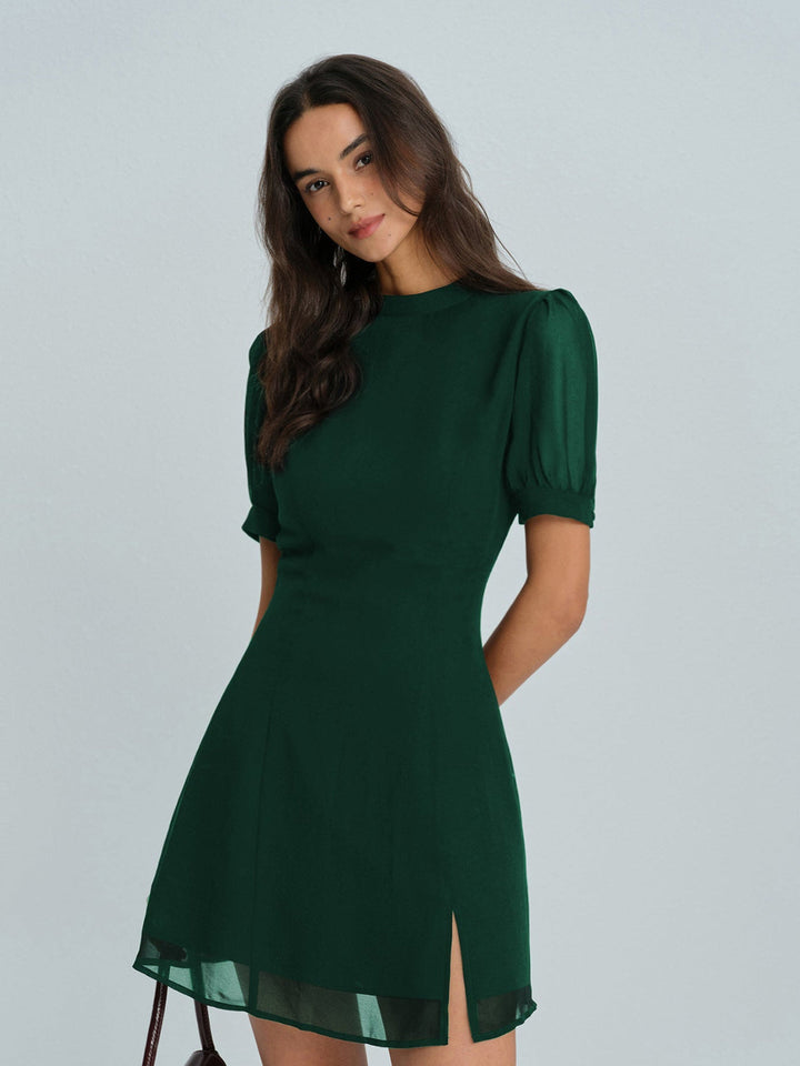 Morgan and Brooke | Chiffon Mock Neck Mini Dress for Women in Green