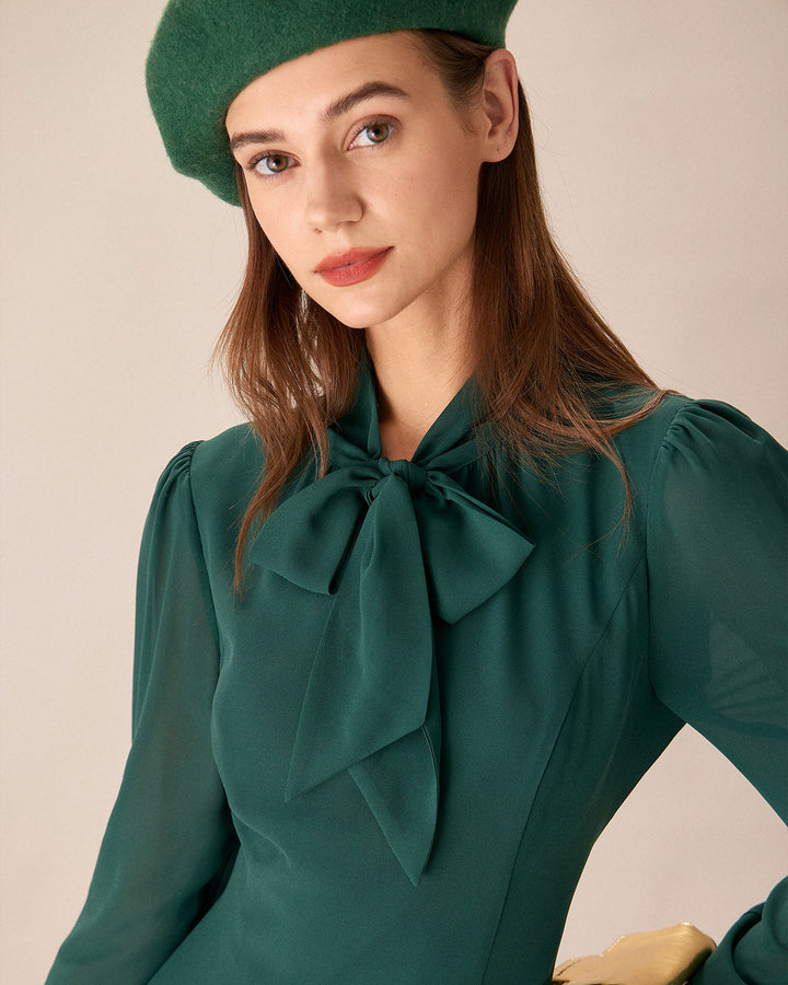 Morgan and Brooke | Green Tie Neck Sheer Mini Dress