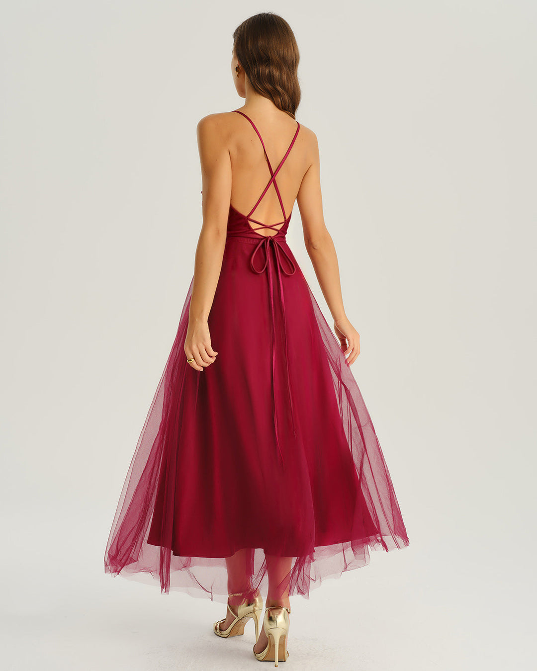 Morgan and Brooke | Wine Red Mesh Midi Dress
