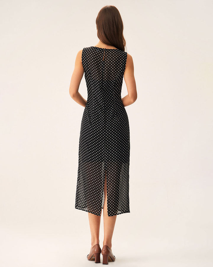 Morgan and Brooke | Black Polka Dot Boat Neck Midi Dress