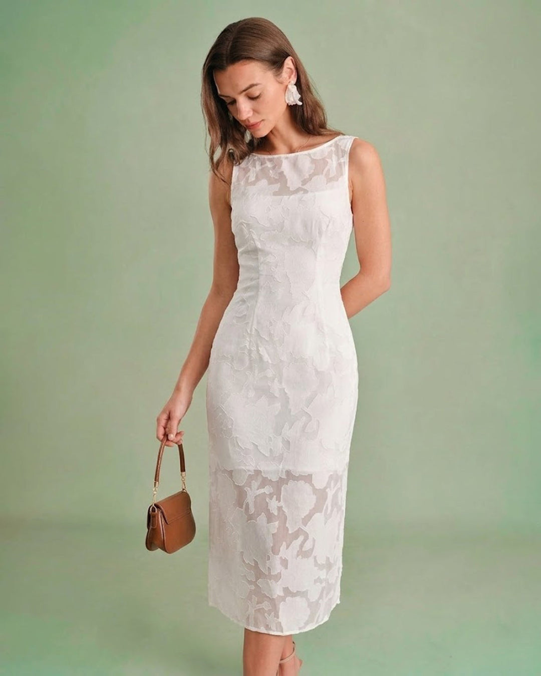 Morgan and Brooke | Lace Boat Neck Midi Dress in White