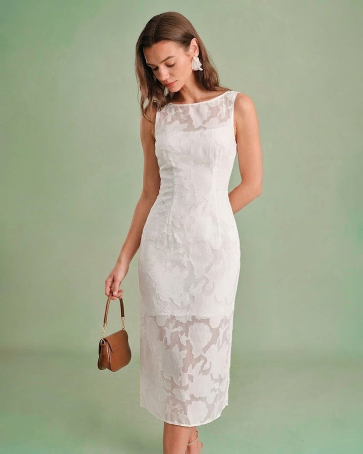 Morgan and Brooke | Lace Boat Neck Midi Dress in White