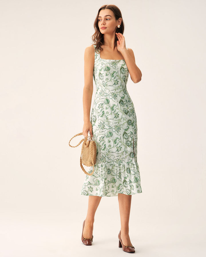 Morgan and Brooke | Floral Square Neck Midi Dress in Green