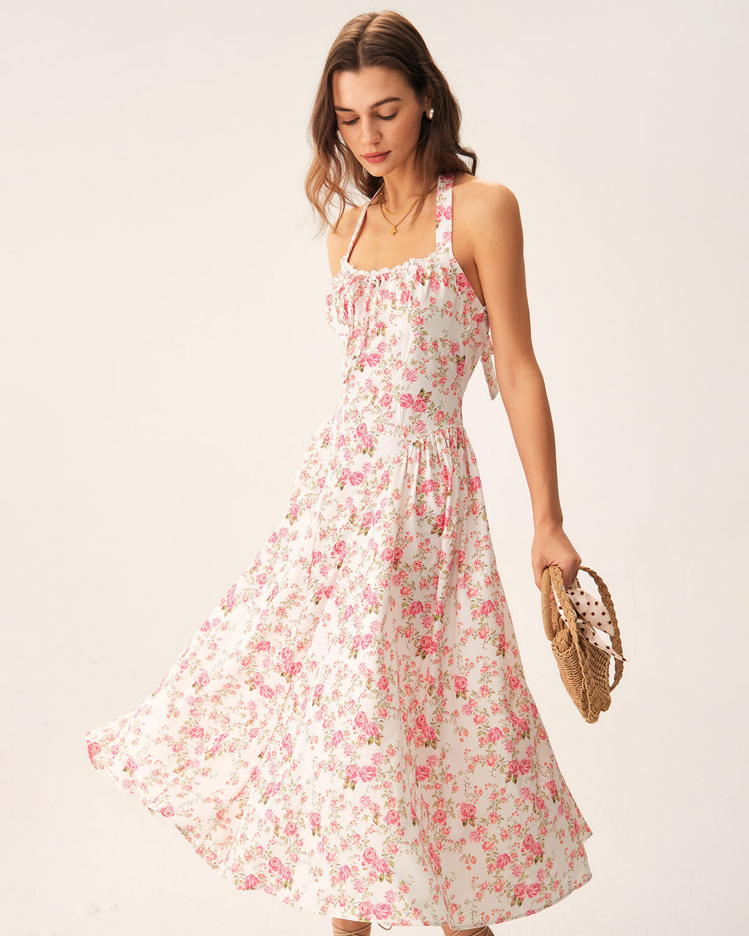 Morgan and Brooke | Floral Halter Midi Dress for Women in Pink