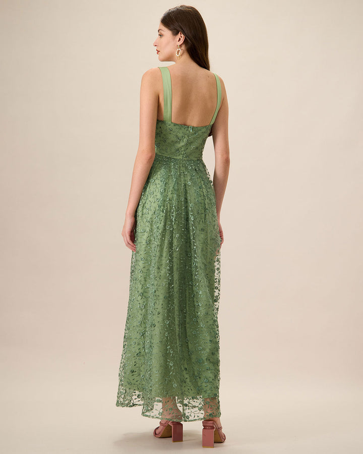 Morgan and Brooke | Green Embroidery Mesh Maxi Dress