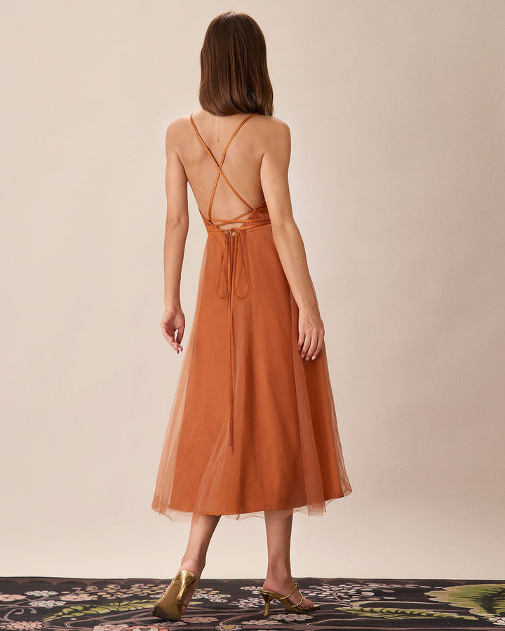 Morgan and Brooke | Mesh Flowy Slip Midi Dress in Caramel