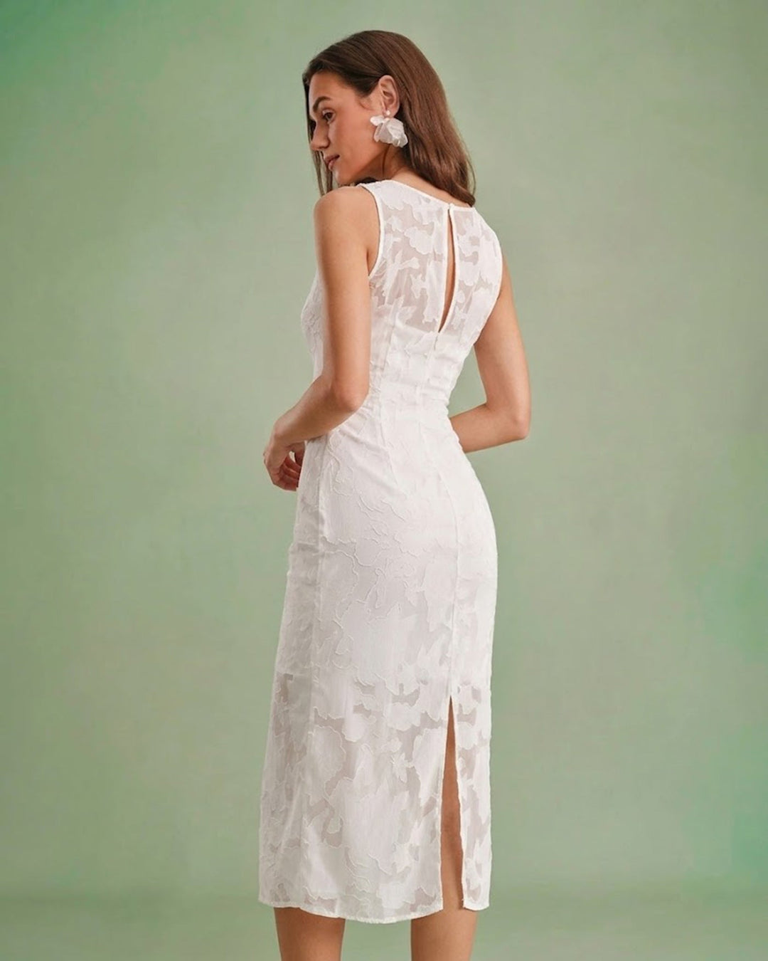 Morgan and Brooke | Lace Boat Neck Midi Dress in White