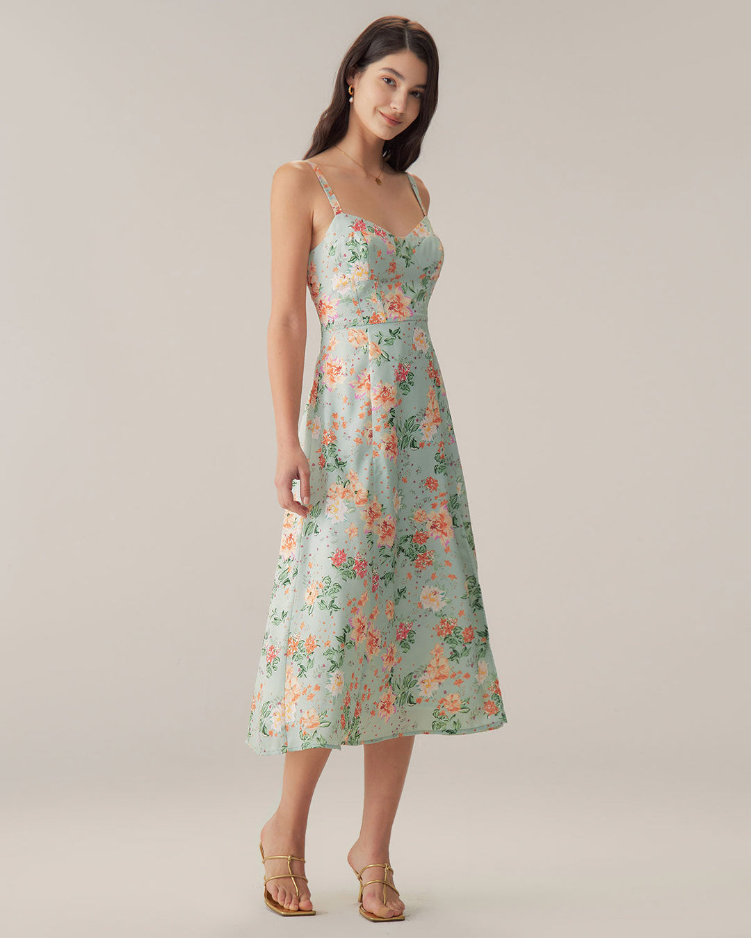 Morgan and Brooke | Floral Sweetheart Neck Midi Dress in Green