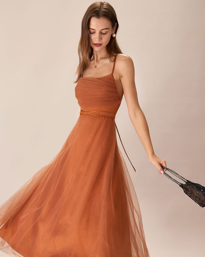 Morgan and Brooke | Mesh Flowy Slip Midi Dress in Caramel