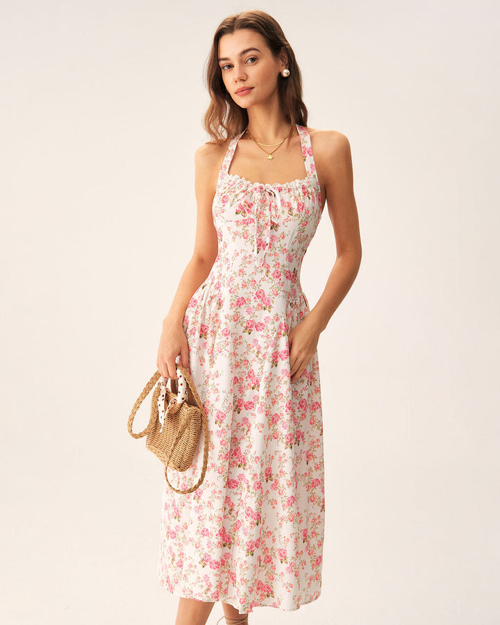 Morgan and Brooke | Floral Halter Midi Dress in Pink