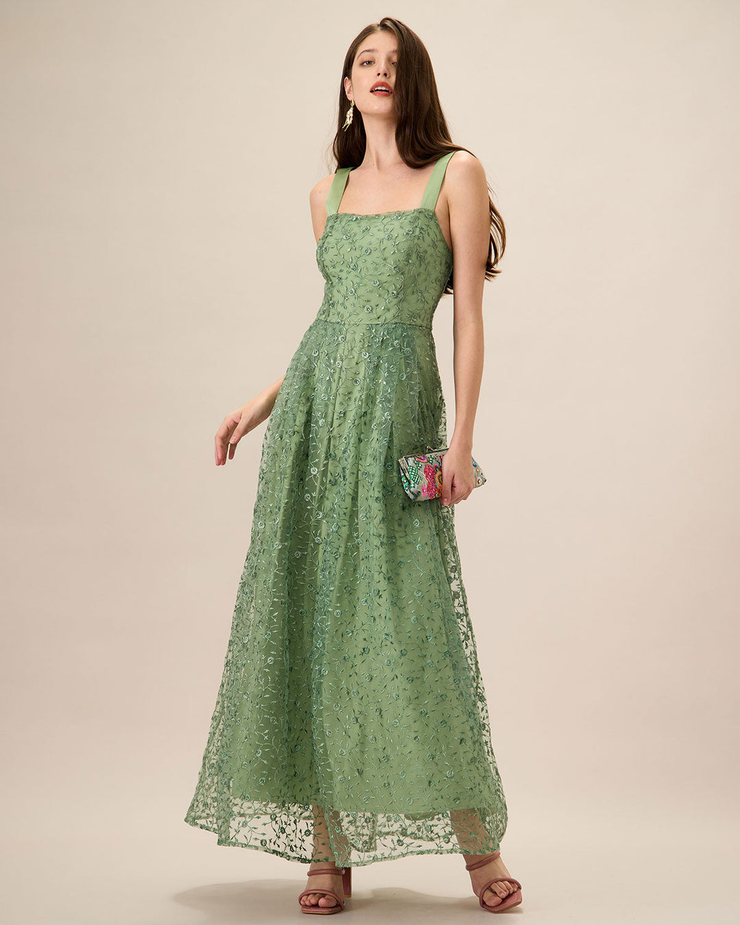 Morgan and Brooke | Green Embroidery Mesh Maxi Dress