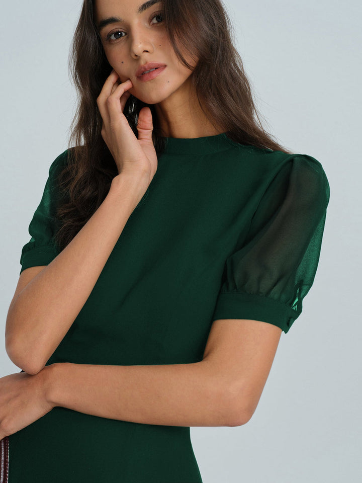 Morgan and Brooke | Chiffon Mock Neck Mini Dress for Women in Green