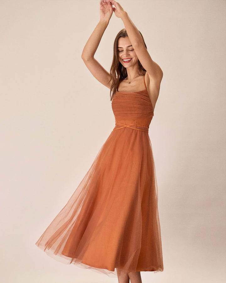 Morgan and Brooke | Mesh Flowy Slip Midi Dress in Caramel