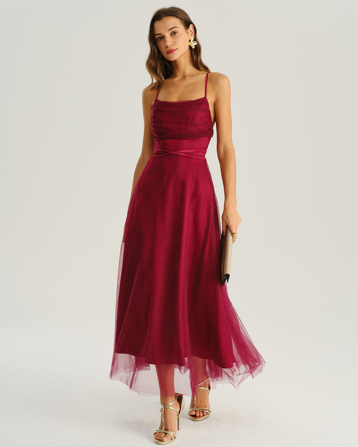 Morgan and Brooke | Wine Red Mesh Midi Dress