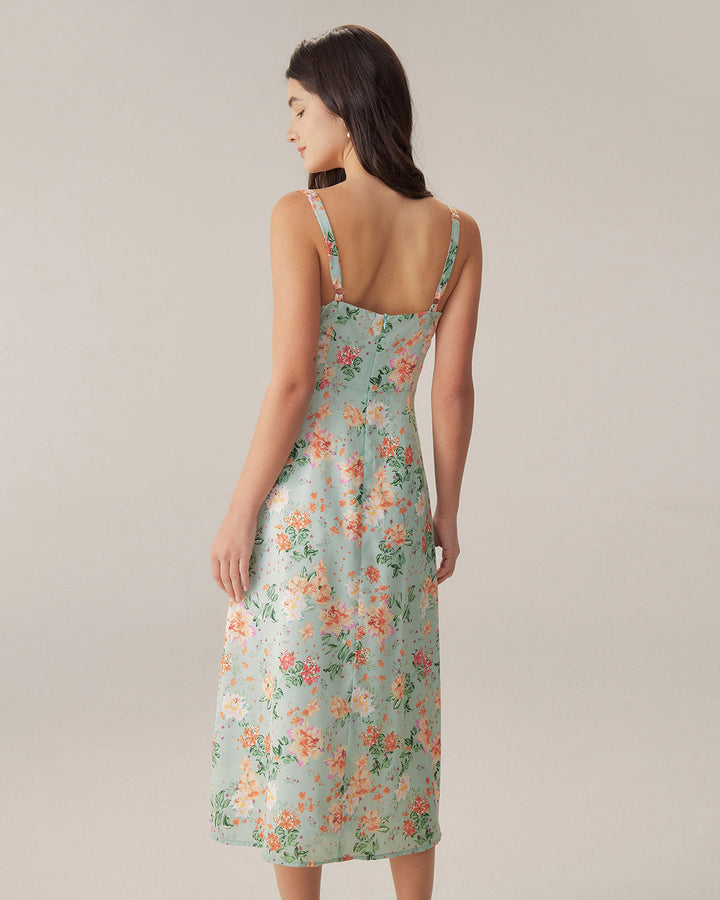 Morgan and Brooke | Floral Sweetheart Neck Midi Dress in Green