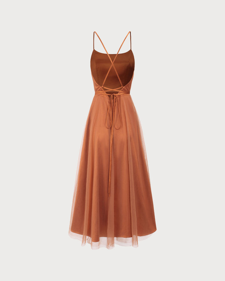 Morgan and Brooke | Mesh Flowy Slip Midi Dress in Caramel