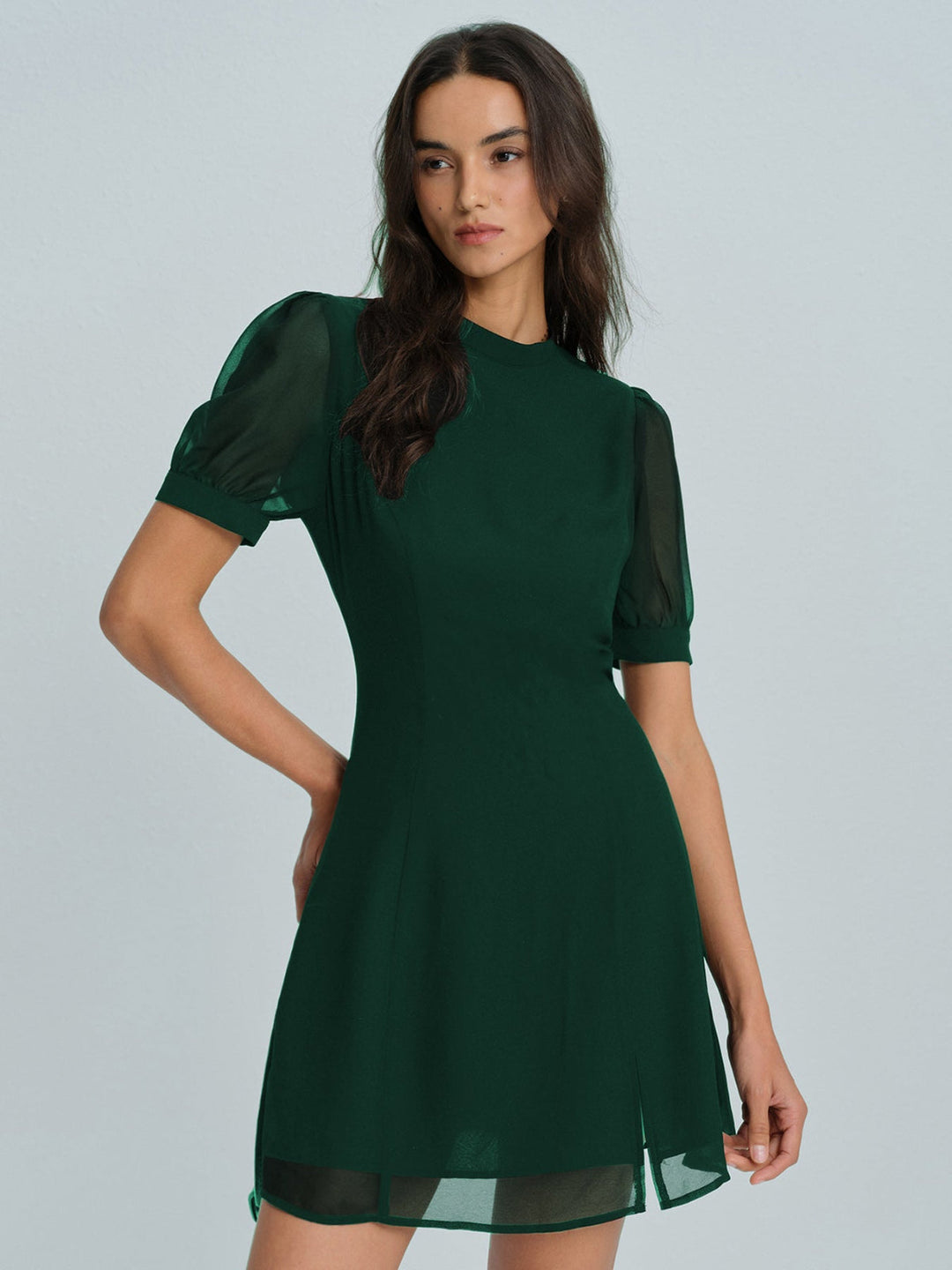 Morgan and Brooke | Chiffon Mock Neck Mini Dress for Women in Green