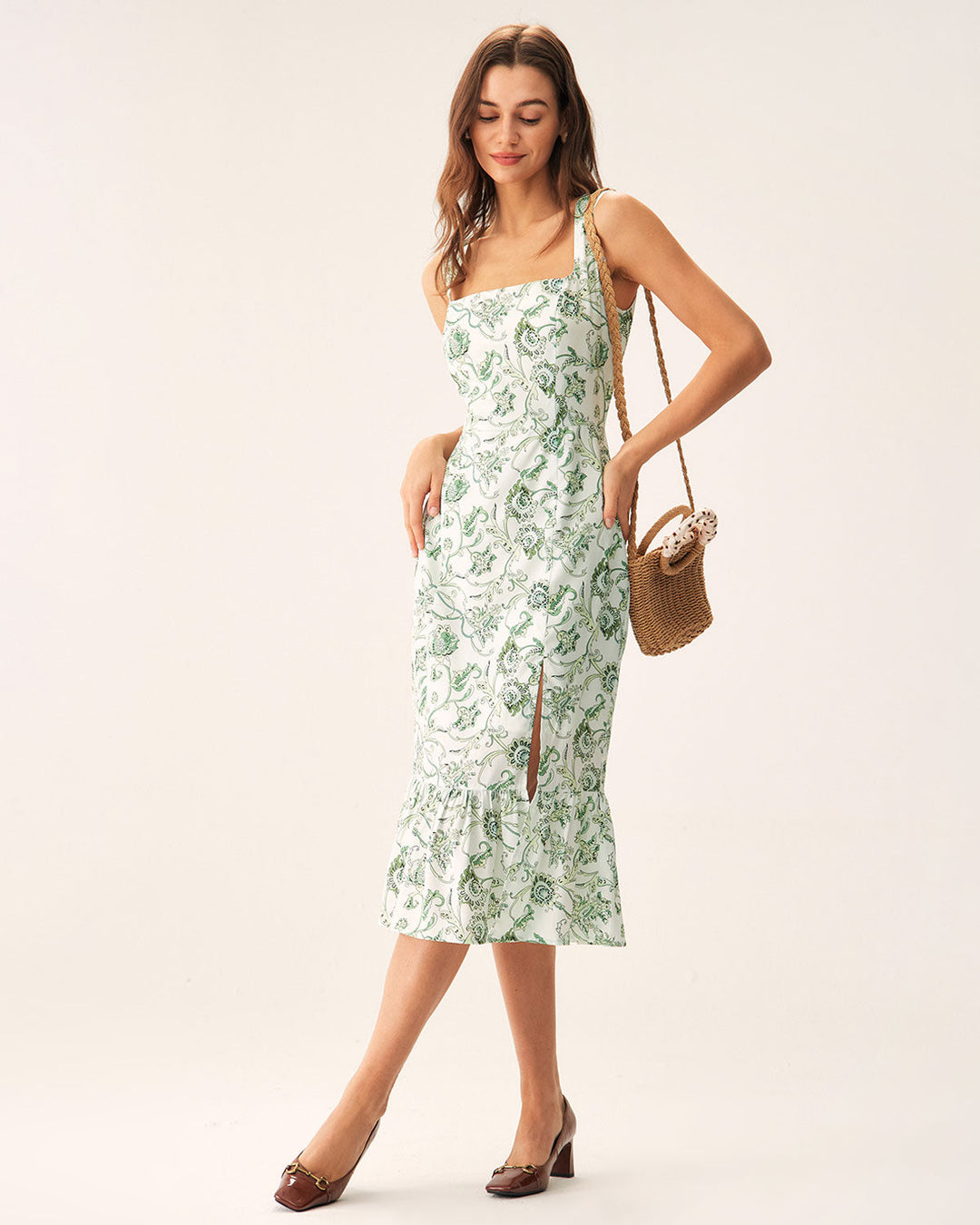 Morgan and Brooke | Floral Square Neck Midi Dress in Green