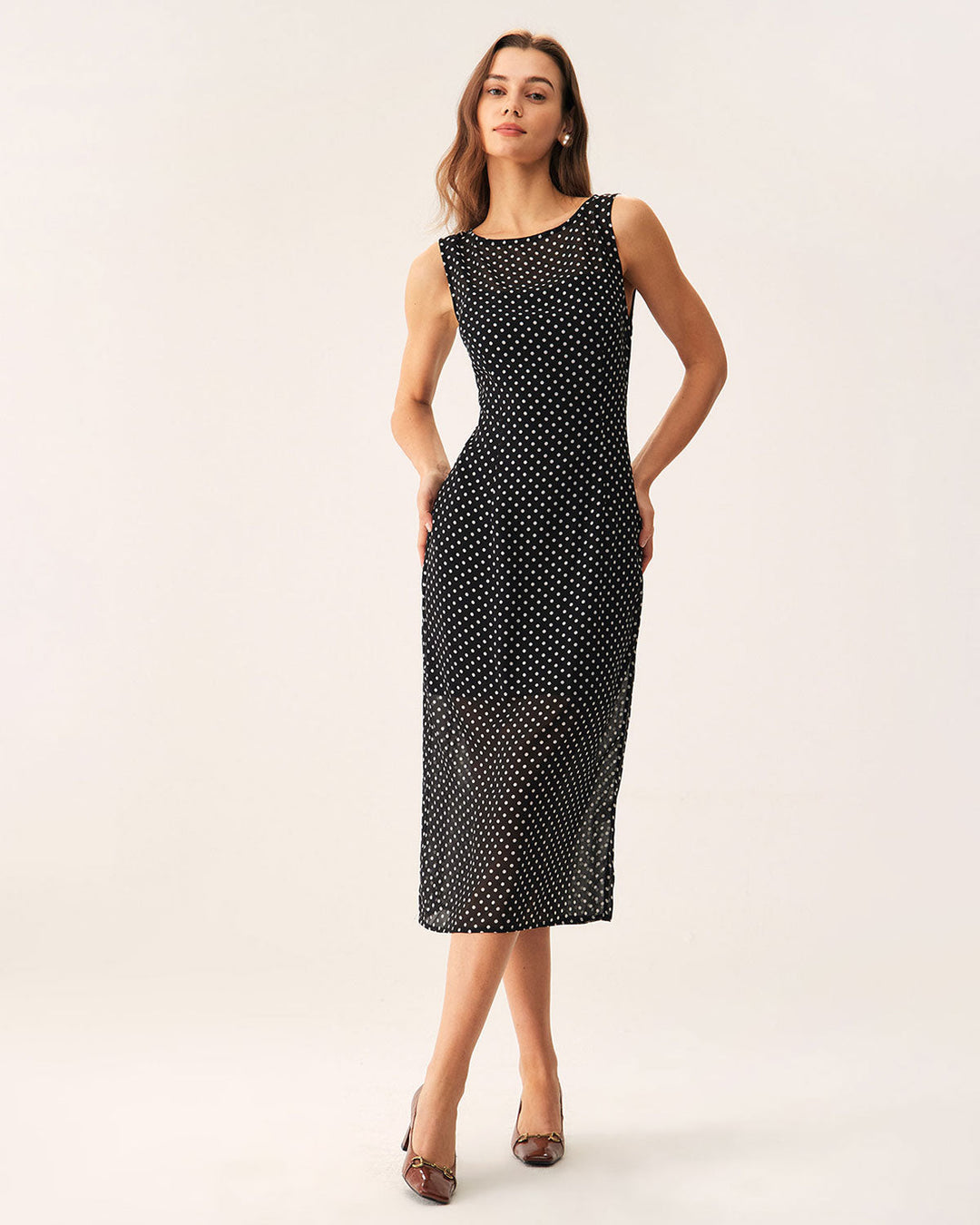 Morgan and Brooke | Black Polka Dot Boat Neck Midi Dress