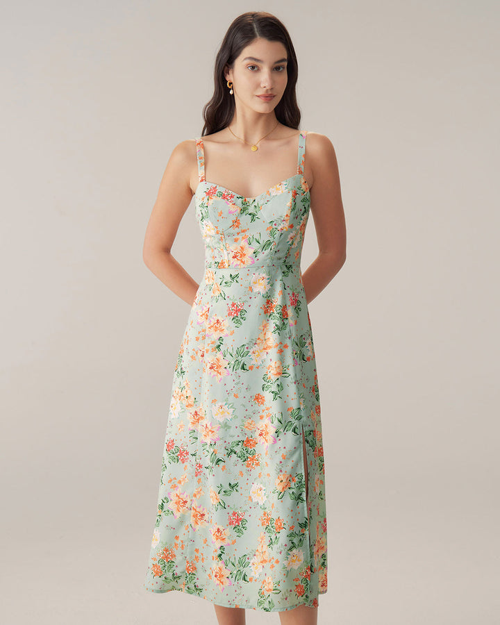 Morgan and Brooke | Floral Sweetheart Neck Midi Dress in Green