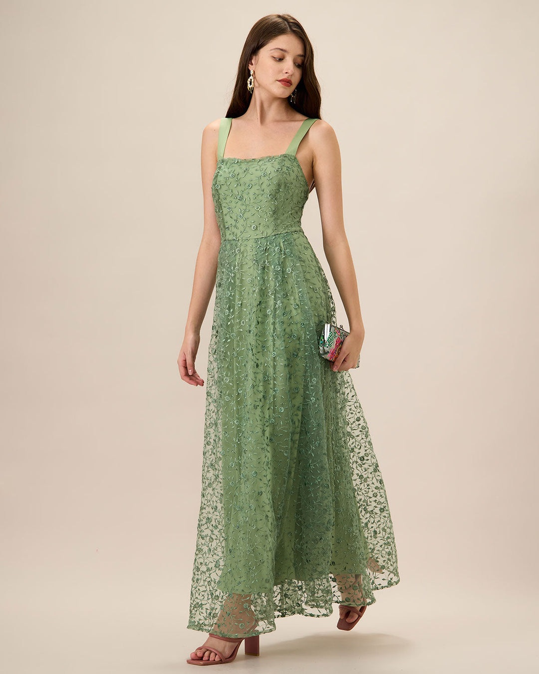 Morgan and Brooke | Green Embroidery Mesh Maxi Dress