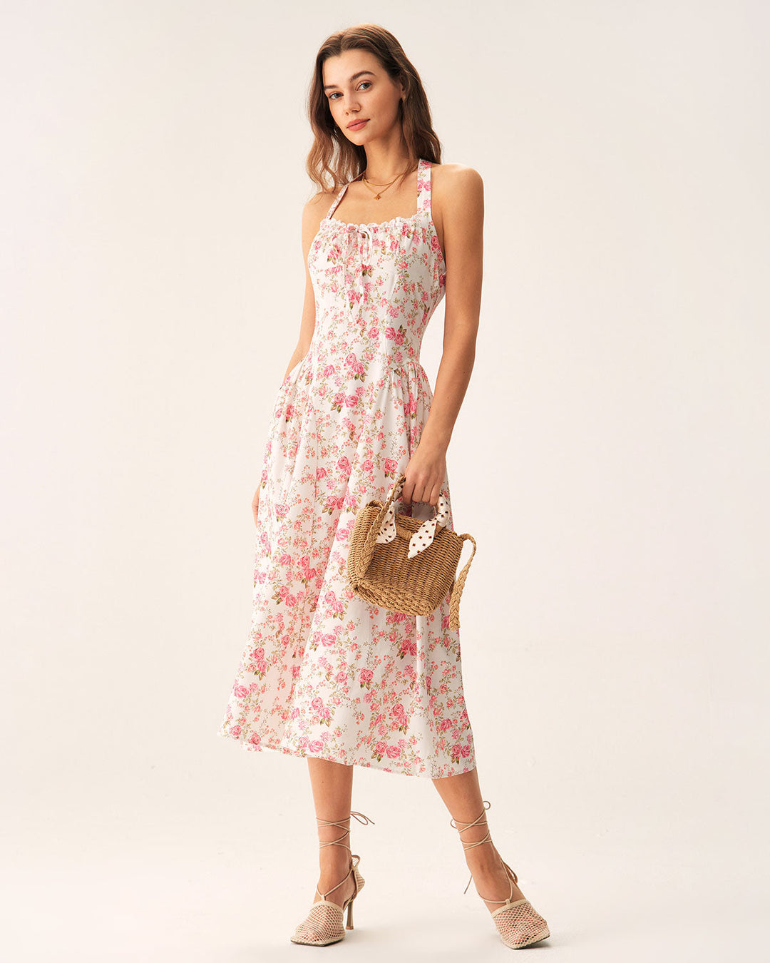 Morgan and Brooke | Floral Halter Midi Dress in Pink