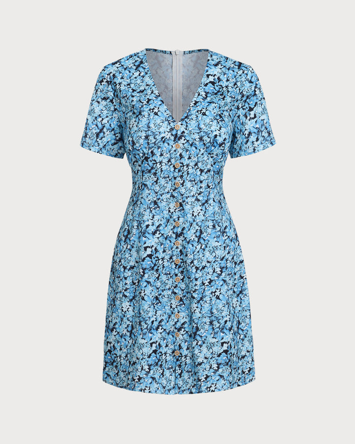Morgan and Brooke | Floral V-Neck Mini Dress for Women in Blue