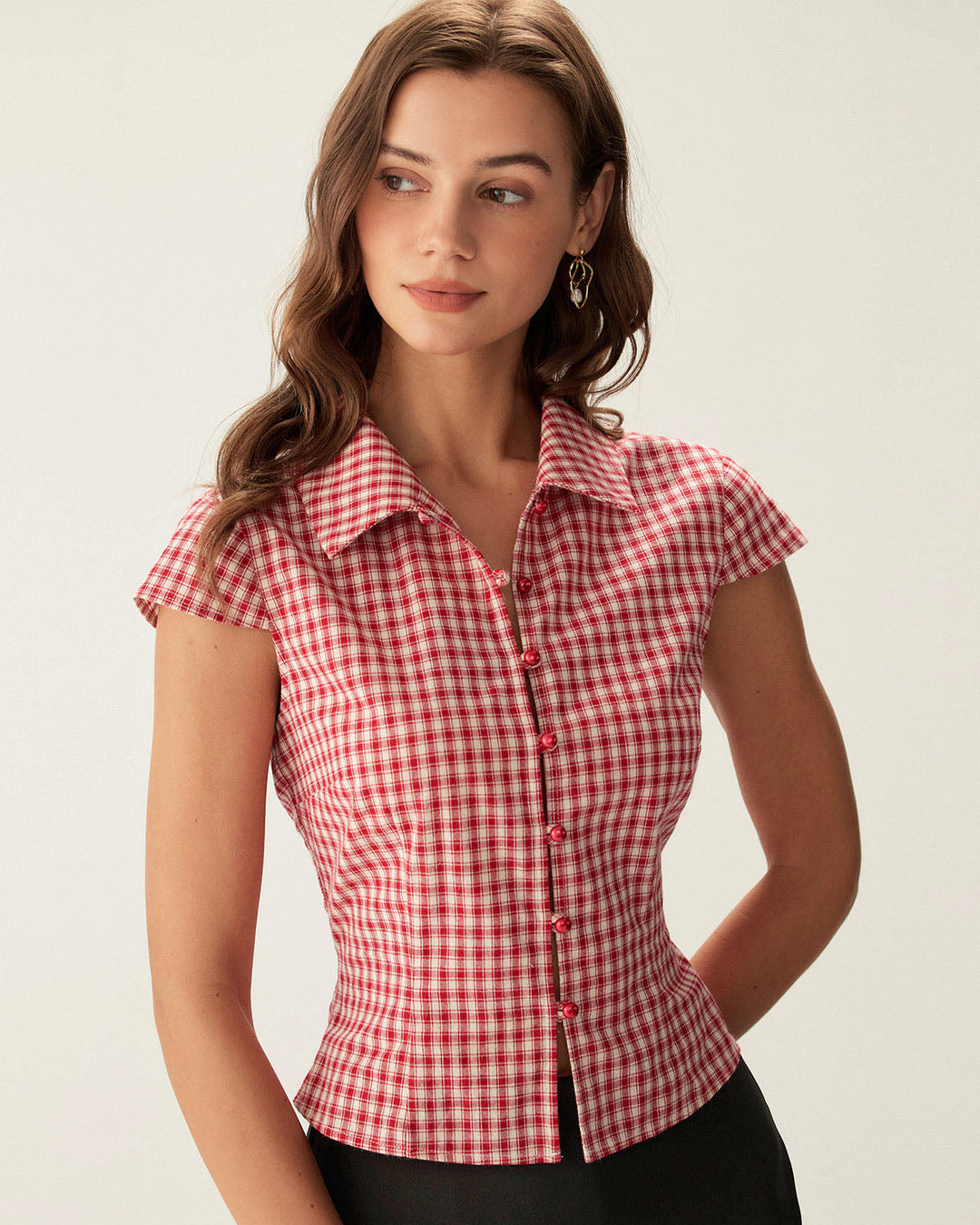 Morgan and Brooke | Plaid Cap Sleeve Blouse for Women in Red