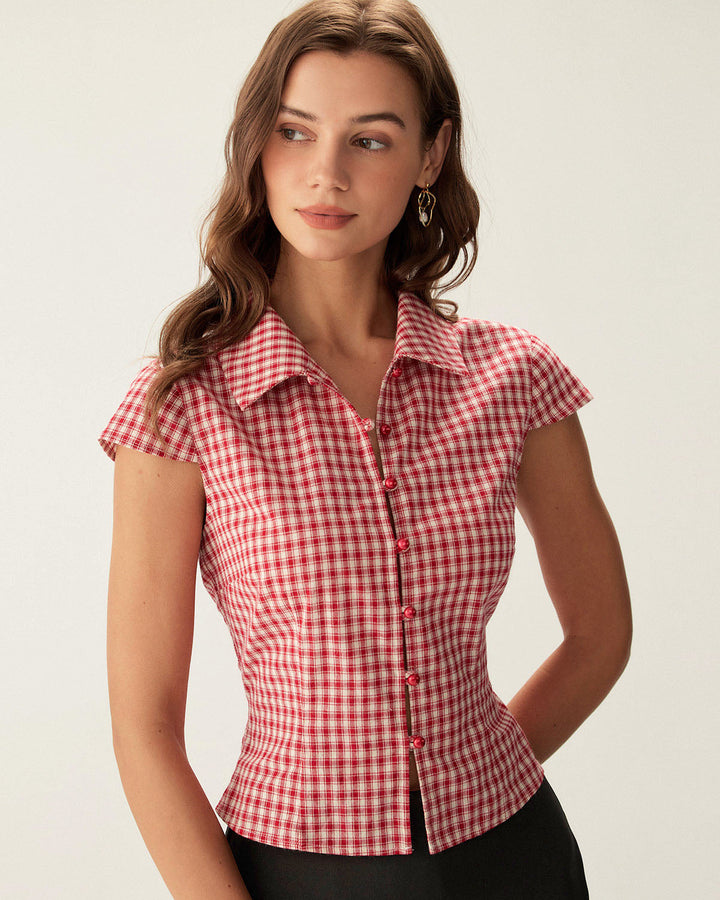 Morgan and Brooke | Plaid Cap Sleeve Blouse for Women in Red