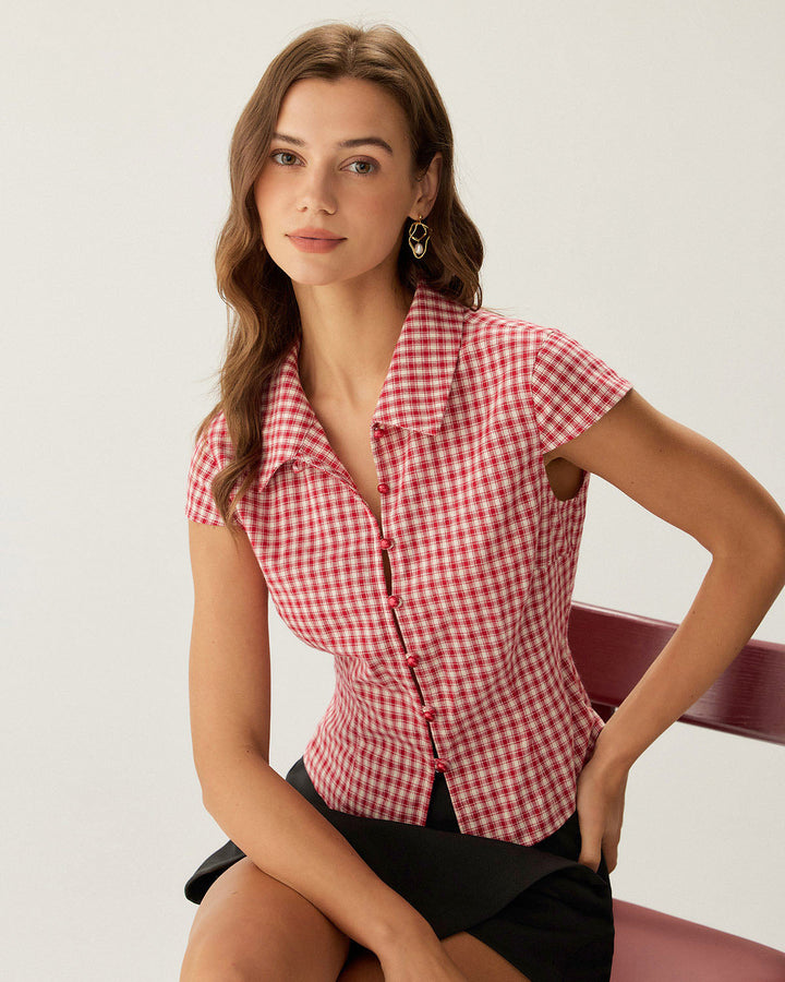 Morgan and Brooke | Plaid Cap Sleeve Blouse for Women in Red