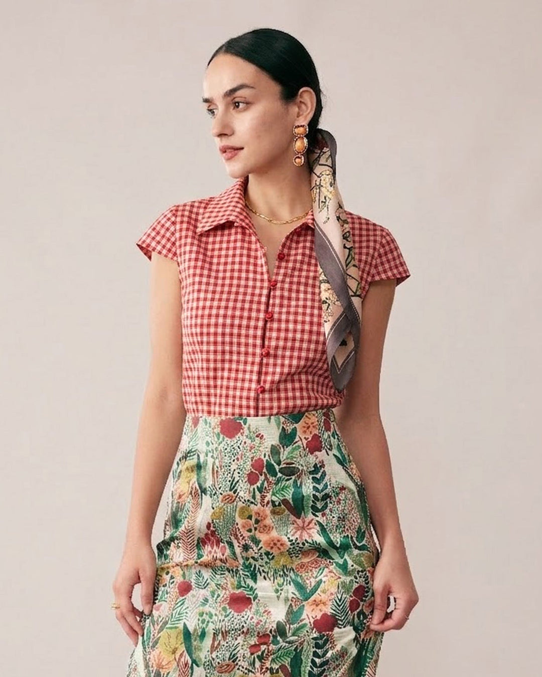 Morgan and Brooke | Plaid Cap Sleeve Blouse for Women in Red
