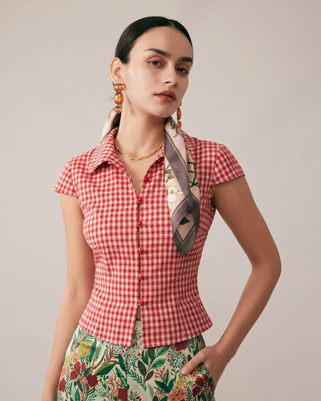 Morgan and Brooke | Plaid Cap Sleeve Blouse for Women in Red