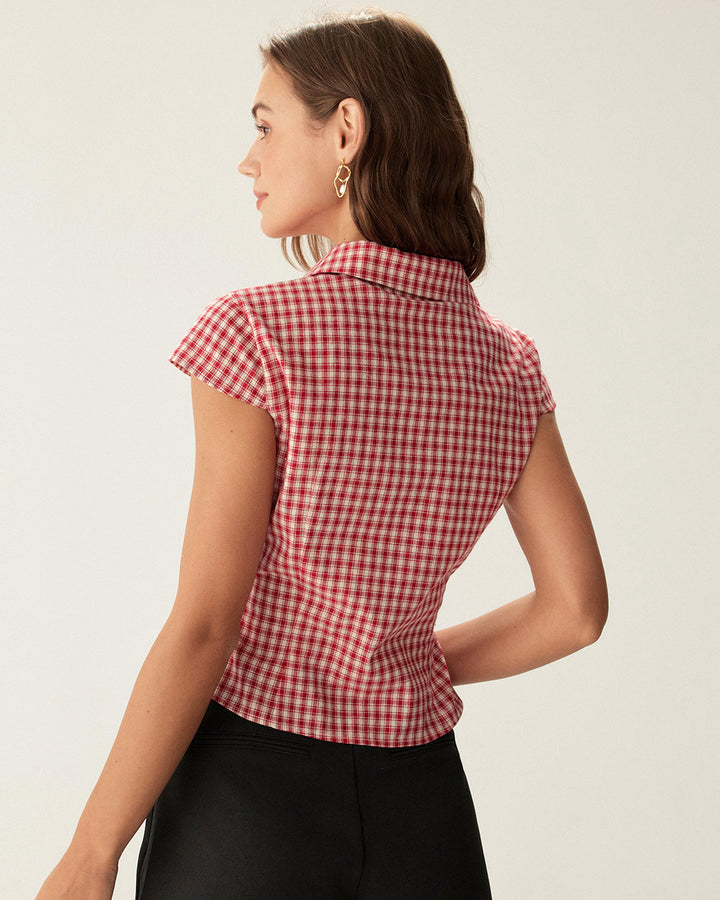 Morgan and Brooke | Plaid Cap Sleeve Blouse for Women in Red