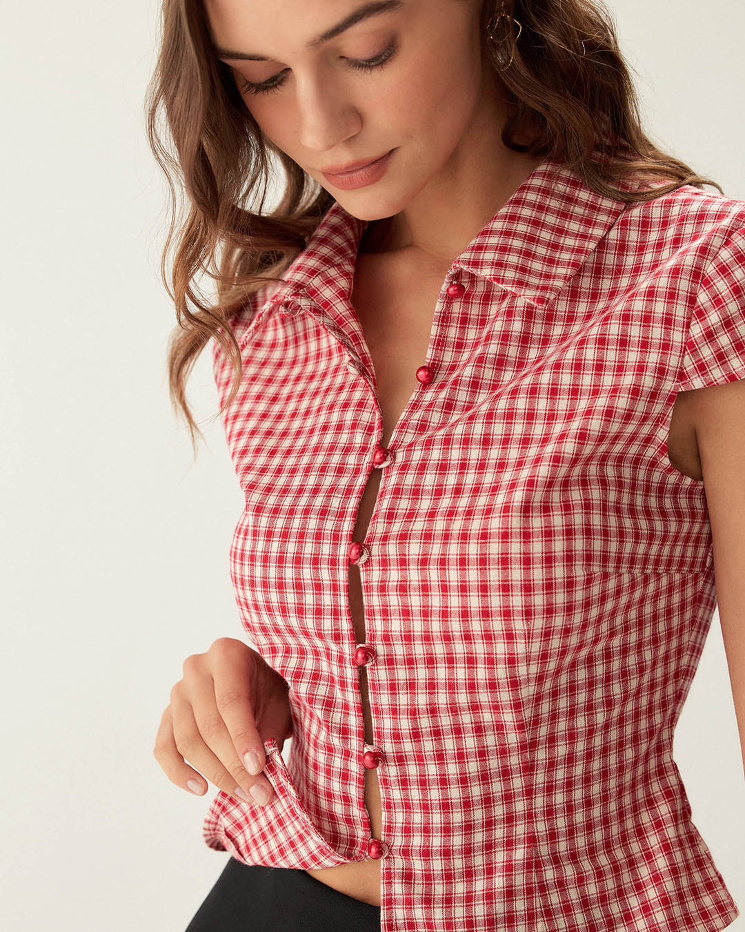 Morgan and Brooke | Plaid Cap Sleeve Blouse for Women in Red