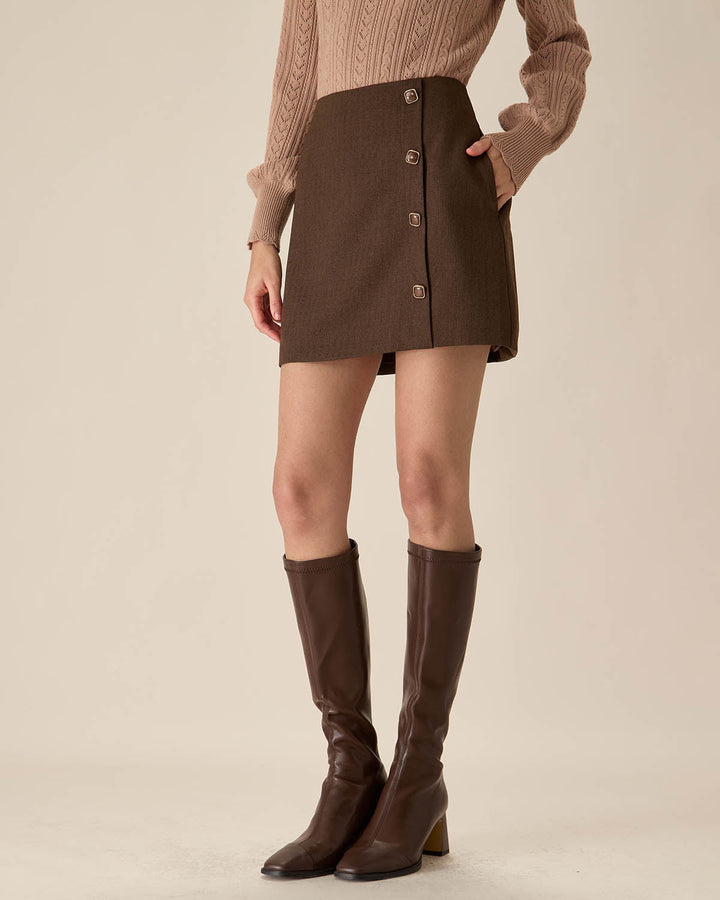 Morgan and Brooke | High-waisted Button Mini Skirt for Women in Coffee