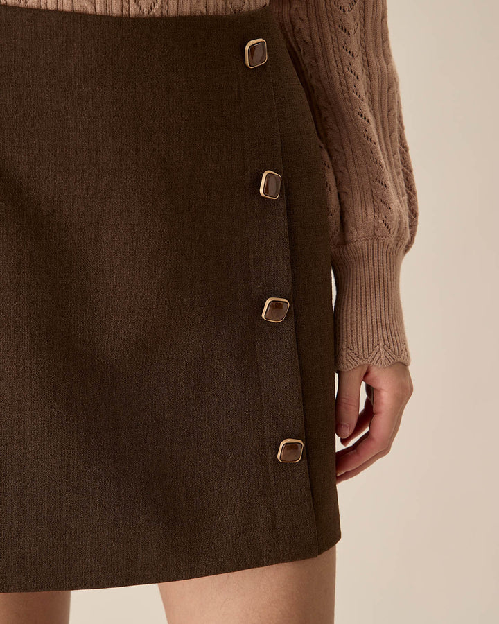 Morgan and Brooke | High-waisted Button Mini Skirt for Women in Coffee