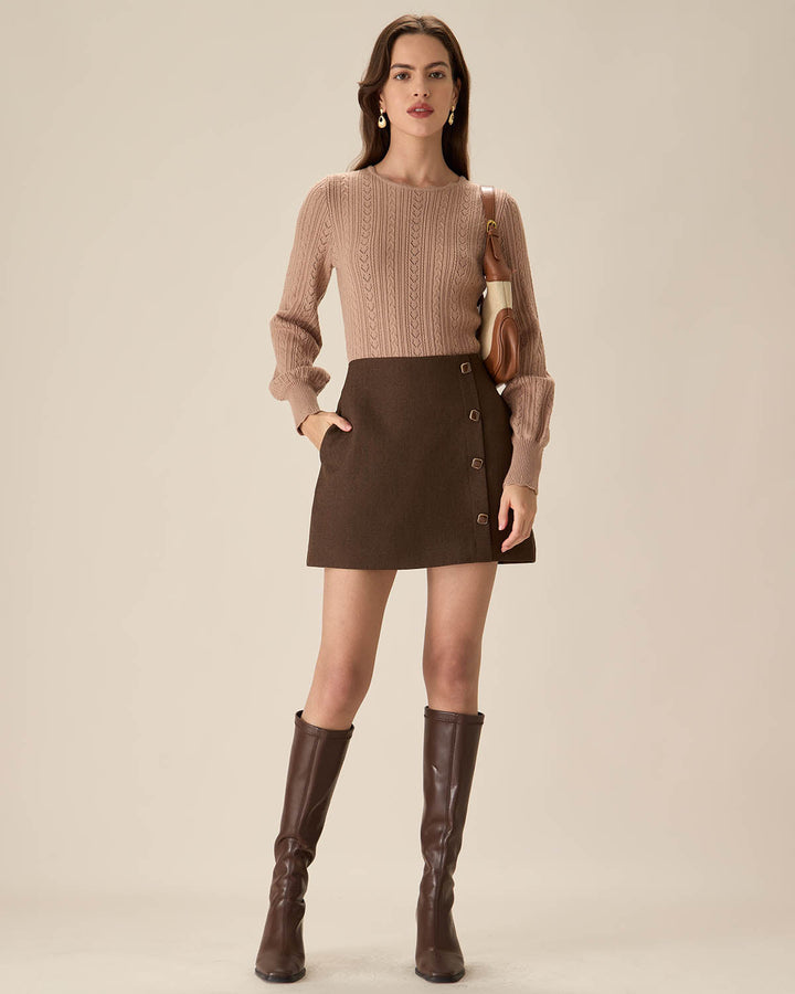Morgan and Brooke | High-waisted Button Mini Skirt for Women in Coffee