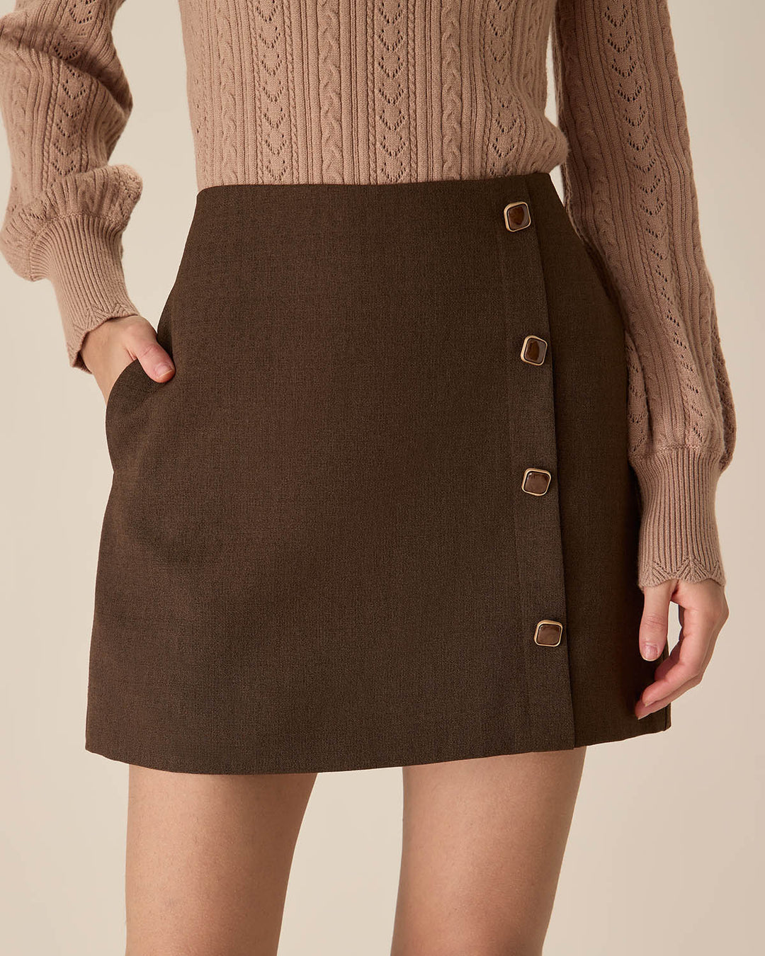 Morgan and Brooke | High-waisted Button Mini Skirt for Women in Coffee